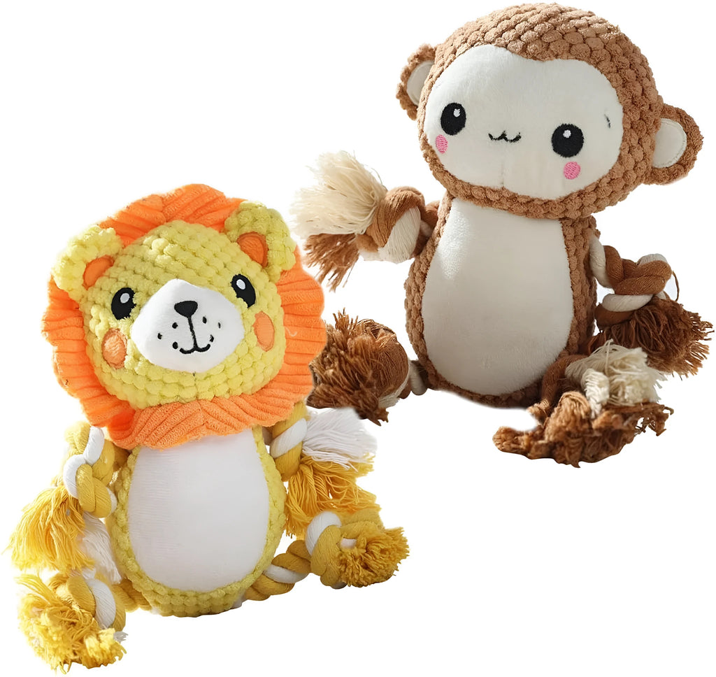 Lion and monkey plush squeaky dog toys bundle for medium and large dogs