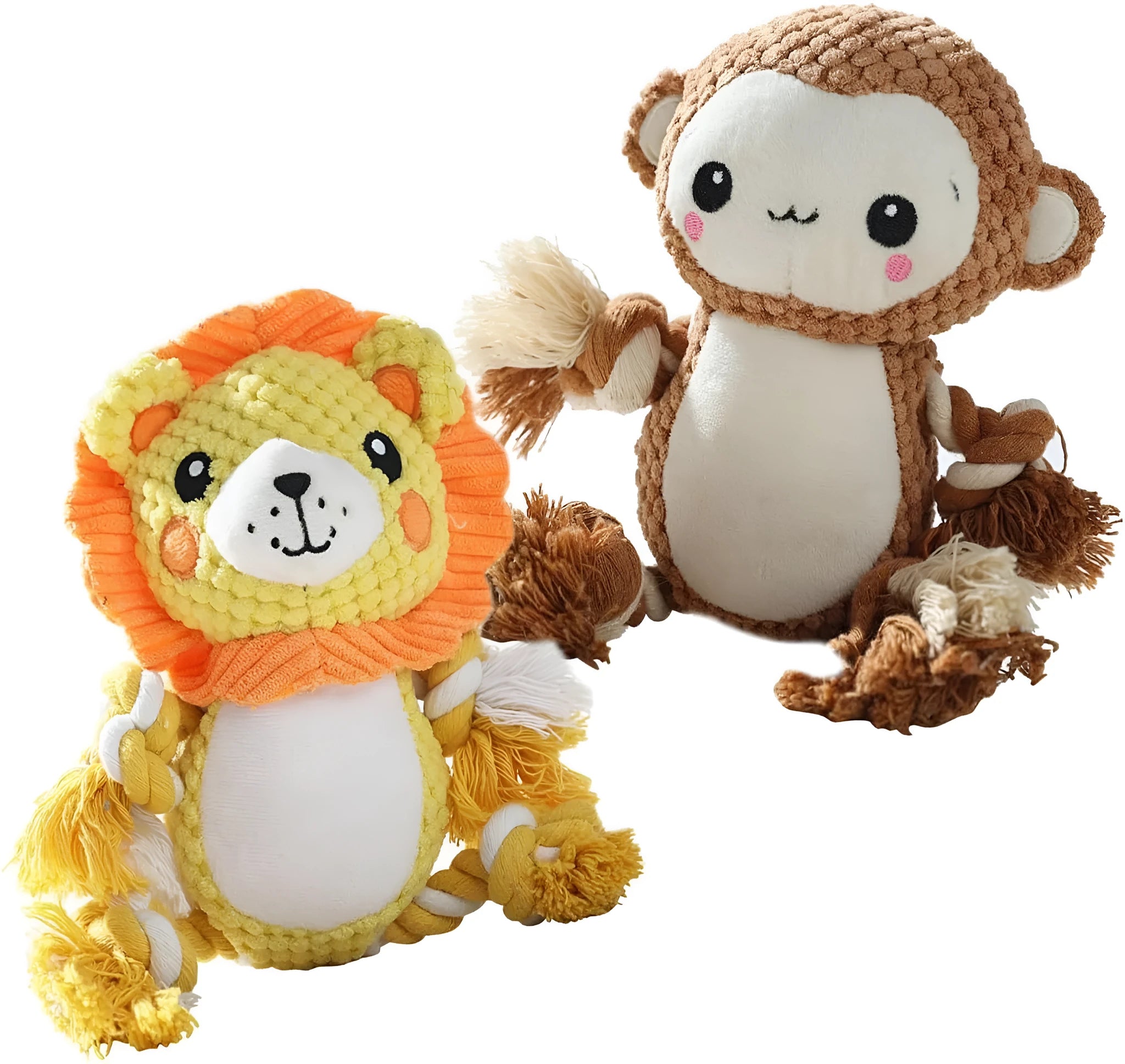 Lion and monkey plush squeaky dog toys bundle for medium and large dogs
