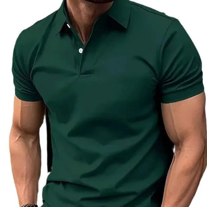 Men's slim fit short sleeve button-up shirt in a solid colour, made from cotton-polyester blend fabric.
