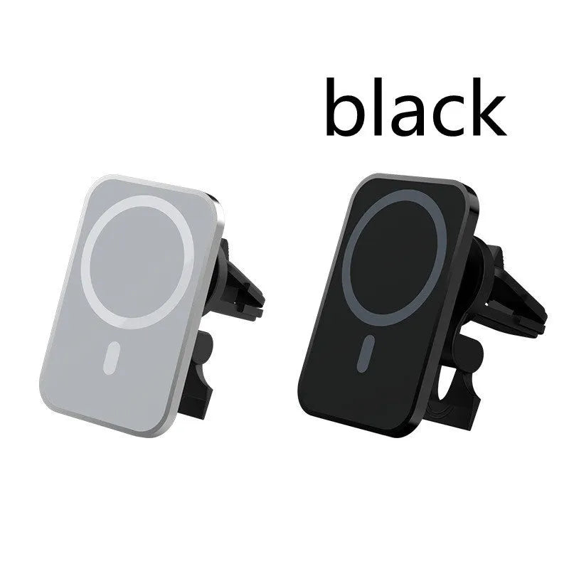 Magnetic car wireless charger 15W with aluminium alloy body and N52 magnet, black model on car air outlet vent