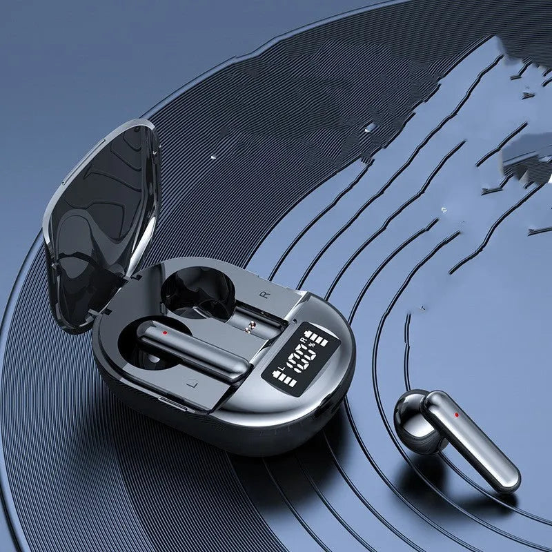 Black and white wireless Bluetooth in-ear headphones with a charging bin.