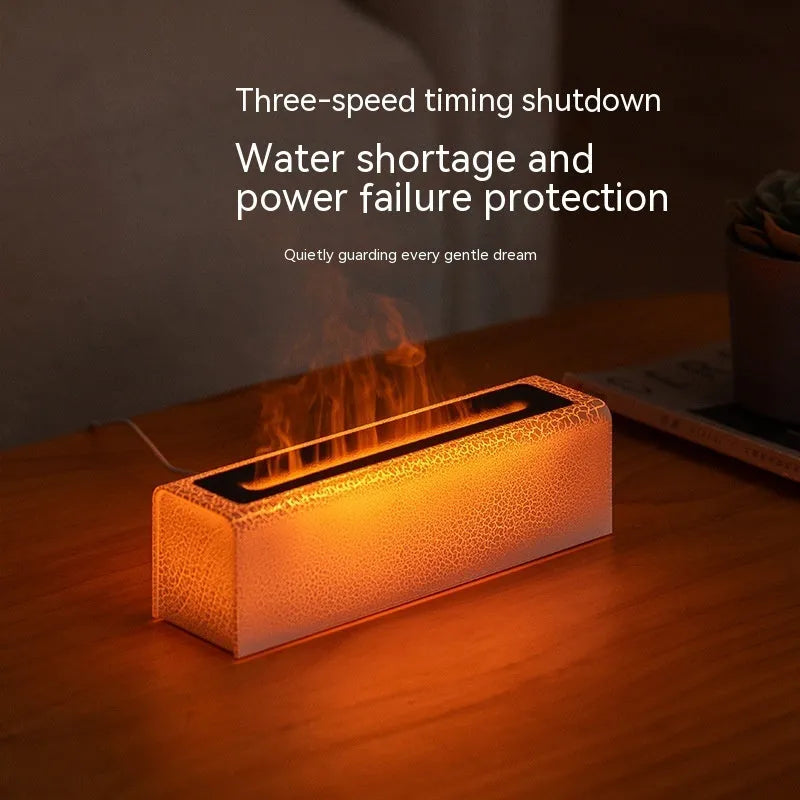 Square creative lava flame desktop humidifier and aroma diffuser in black or white colour on a desk.