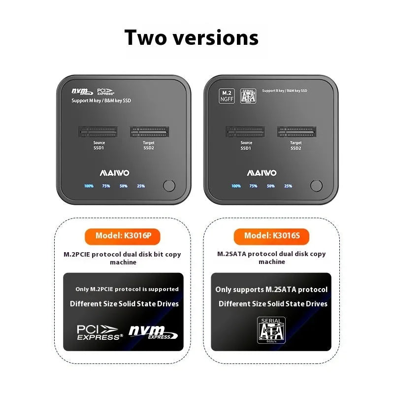 MAIWO K3016 M.2 SSD hard disk duplicator dock with data cables and power adapter.