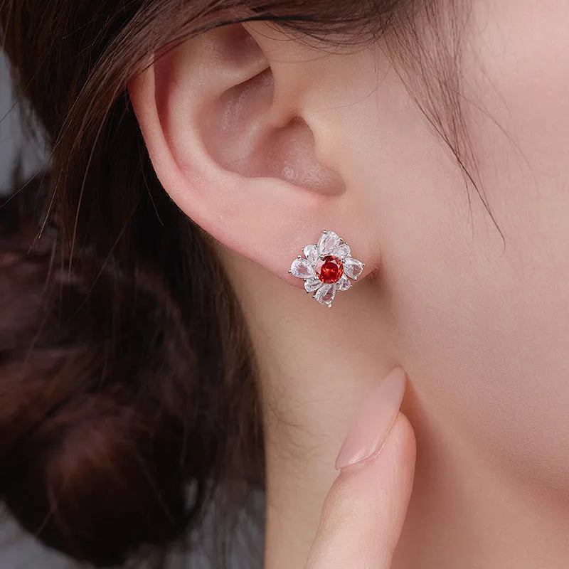 Retro red U-shaped and quadrilateral drop earrings in 925 silver with white gold colour electroplating for women