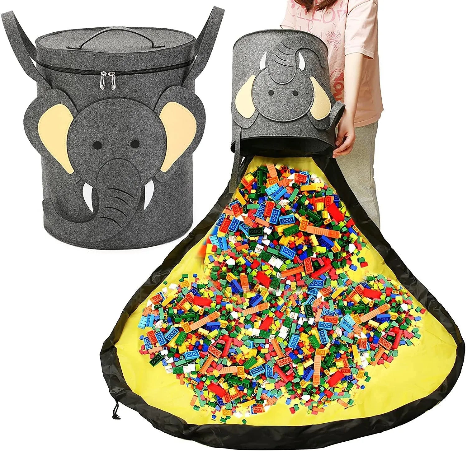 Green felt cube storage bag open as a play mat next to toys, showing pull rope closure