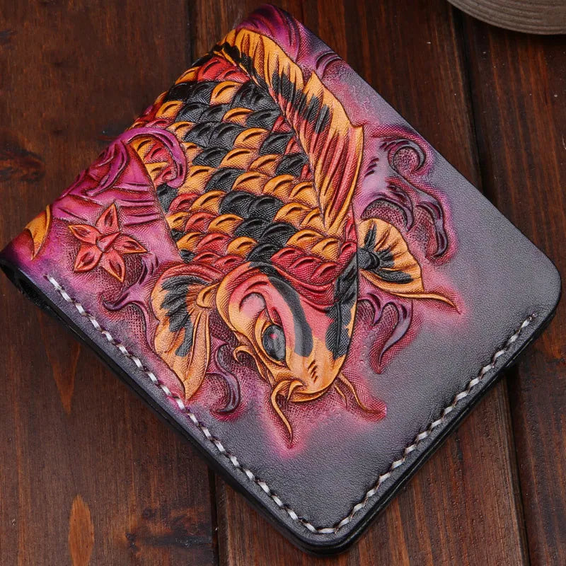Men's cow leather wallet in red showing open closure and 10x12cm dimensions