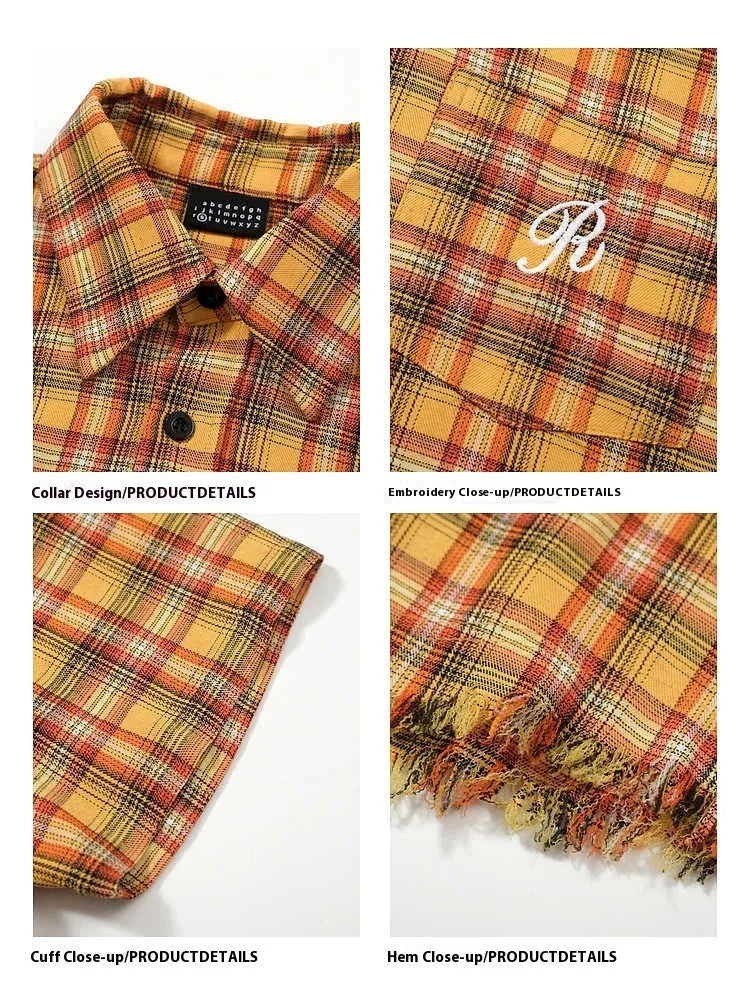 Yellow and white plaid short sleeve shirt with embroidery detail on chest pocket.