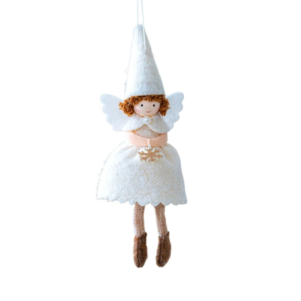 Close-up of a white cloth angel skirt felt pendant Christmas tree ornament.