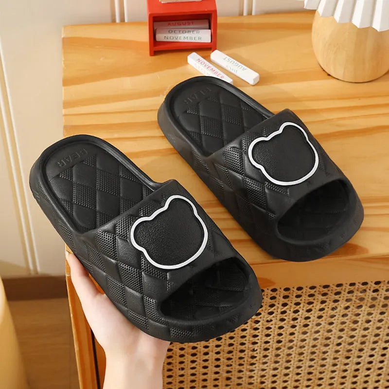 Rhombus design bear slippers in EVA with non-slip thick sole, shown in black, green, grey, khaki, pink, white, and yellow.