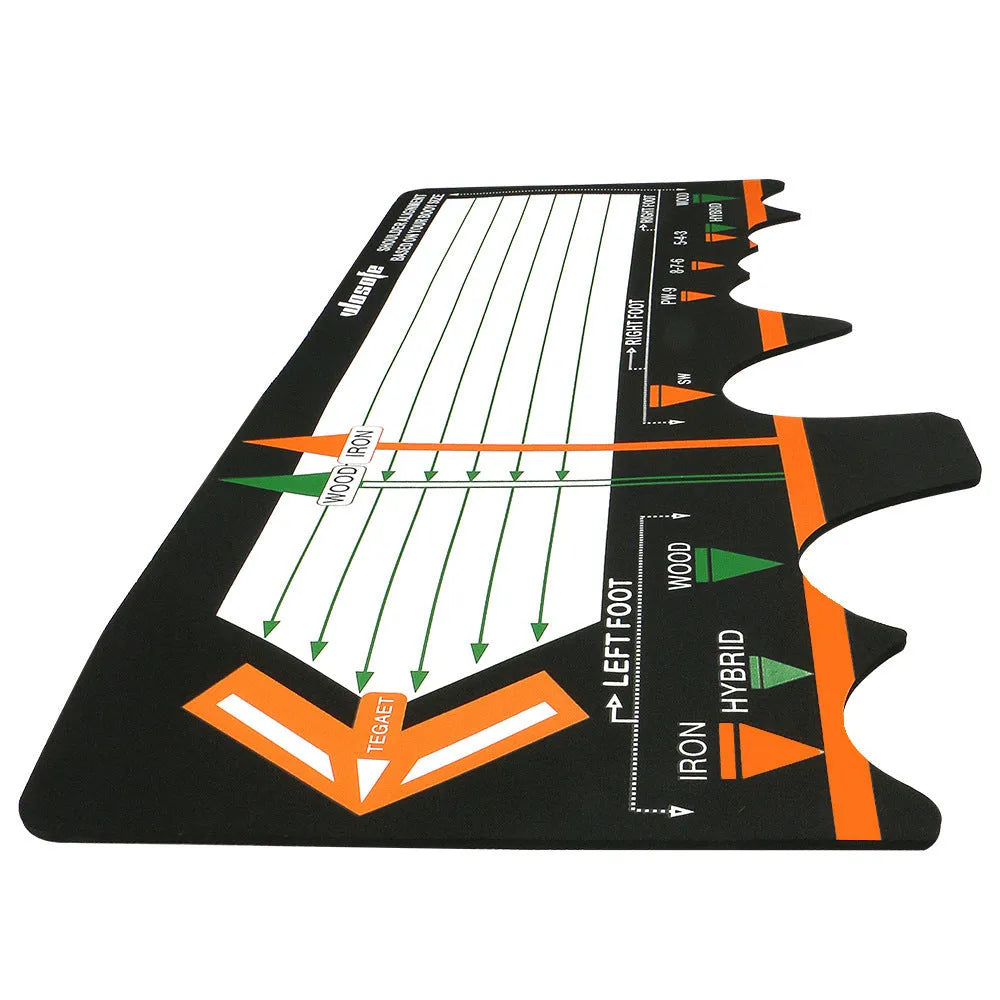 Black neoprene golf swing standing posture auxiliary pad on a practice surface.