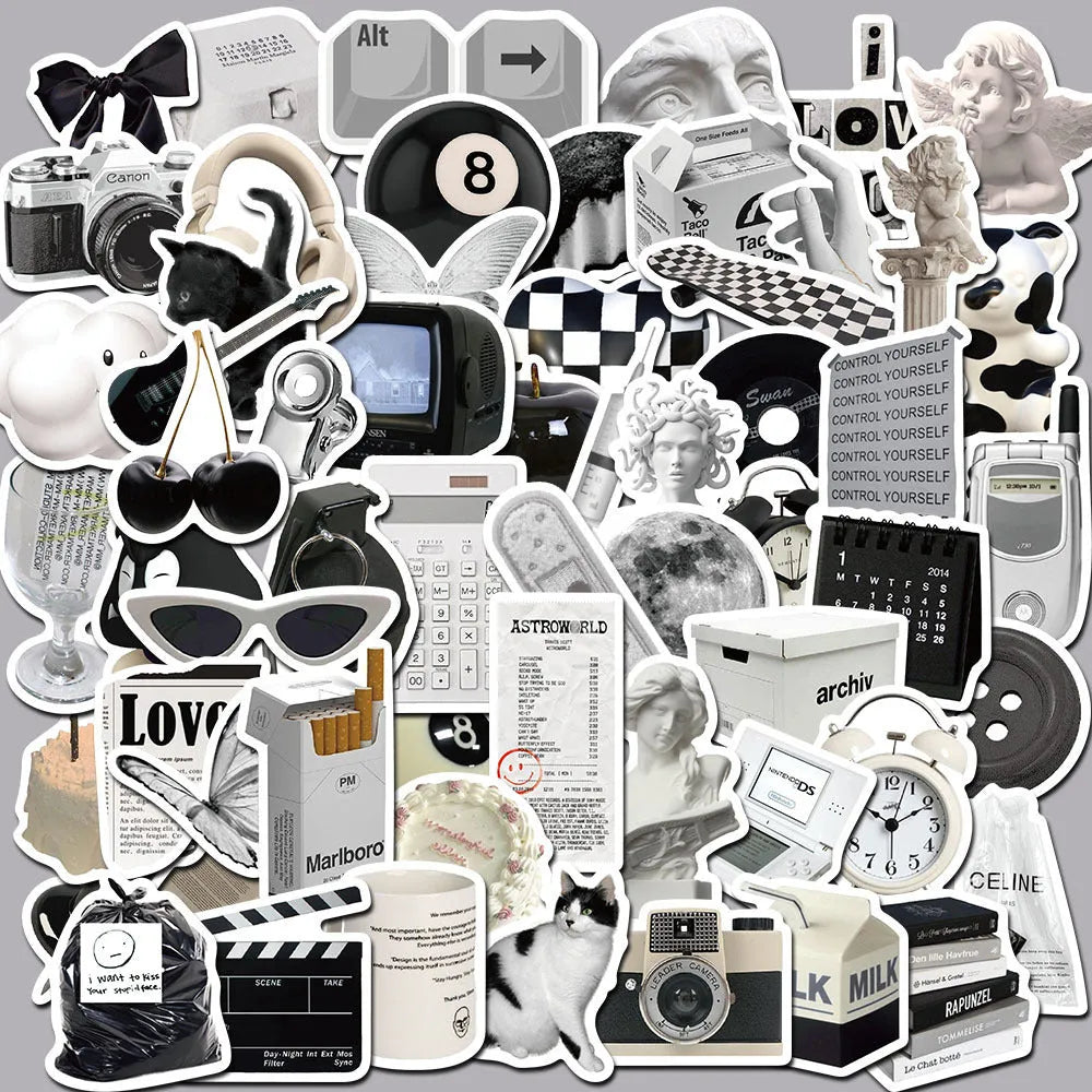 61 black and white waterproof PVC stickers for laptops, phones and luggage