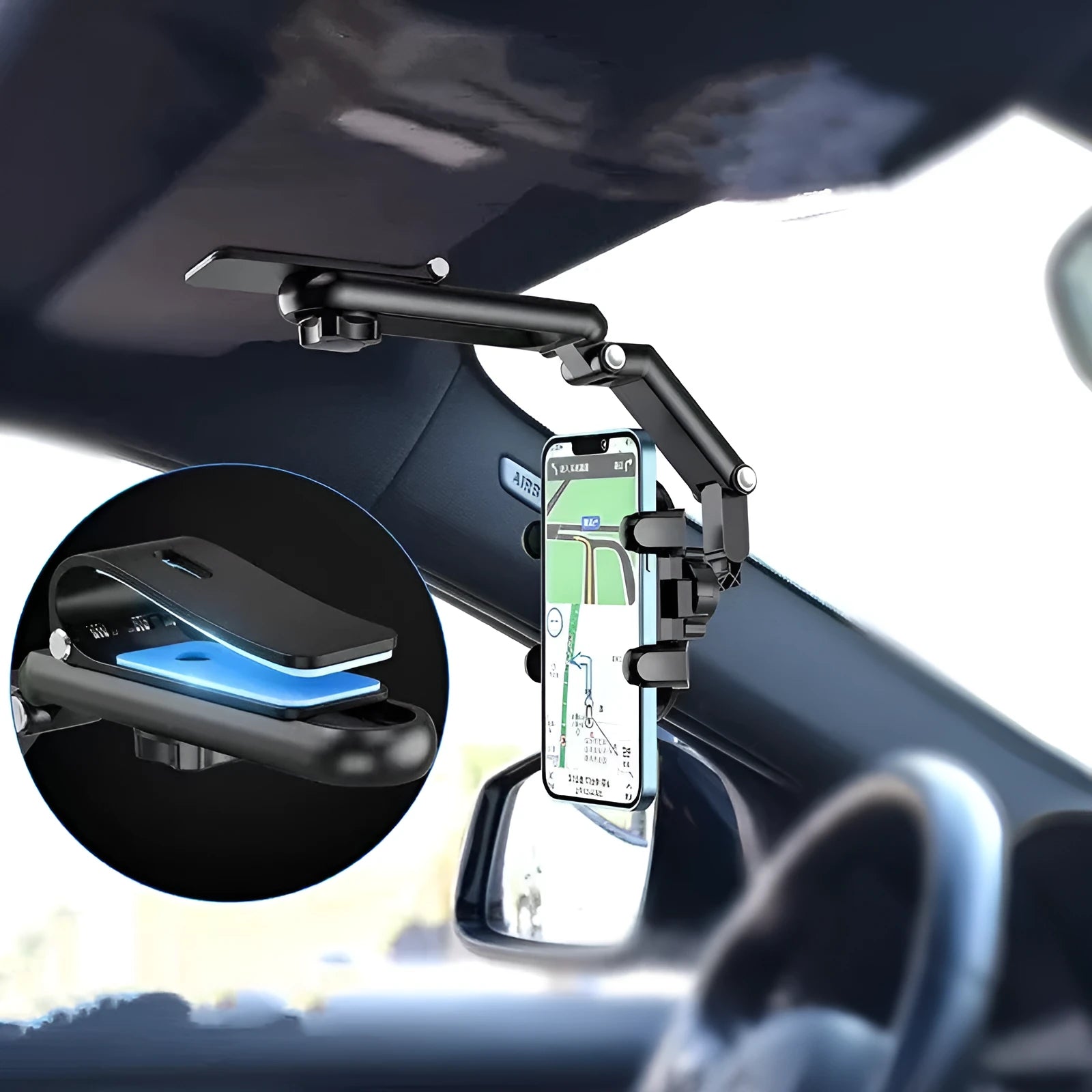 Black car sun visor accessory with a buckle clip for mounting on rear seat windows.