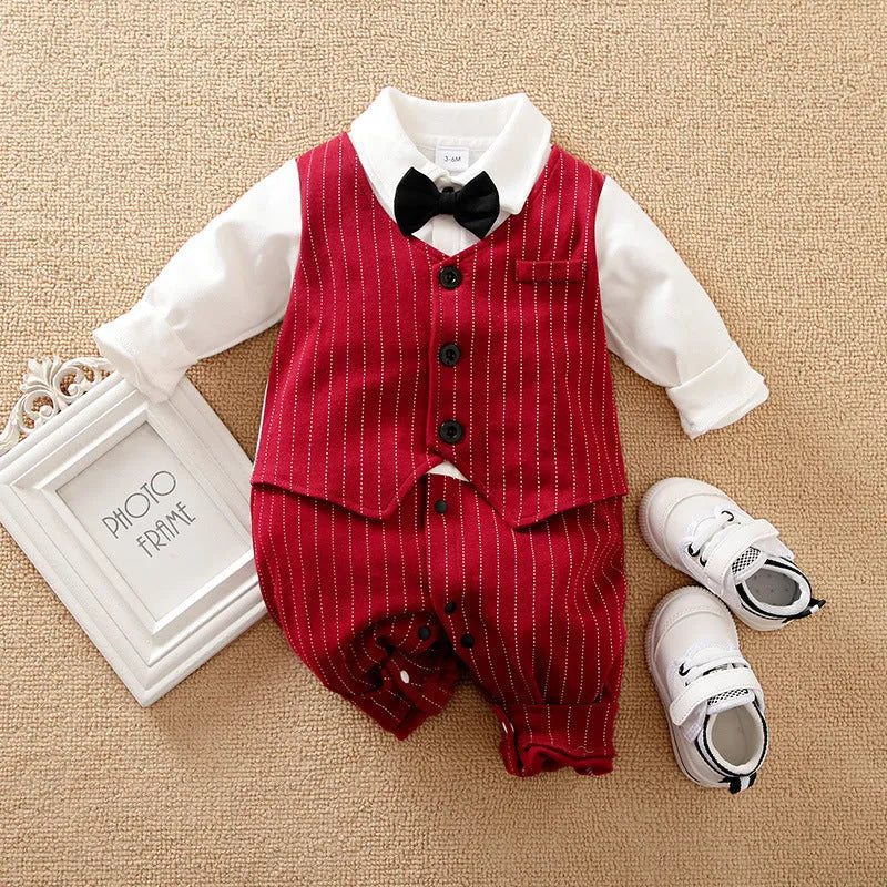 Wine red cotton baby boy romper with long sleeves and single-breasted closure for spring and autumn wear