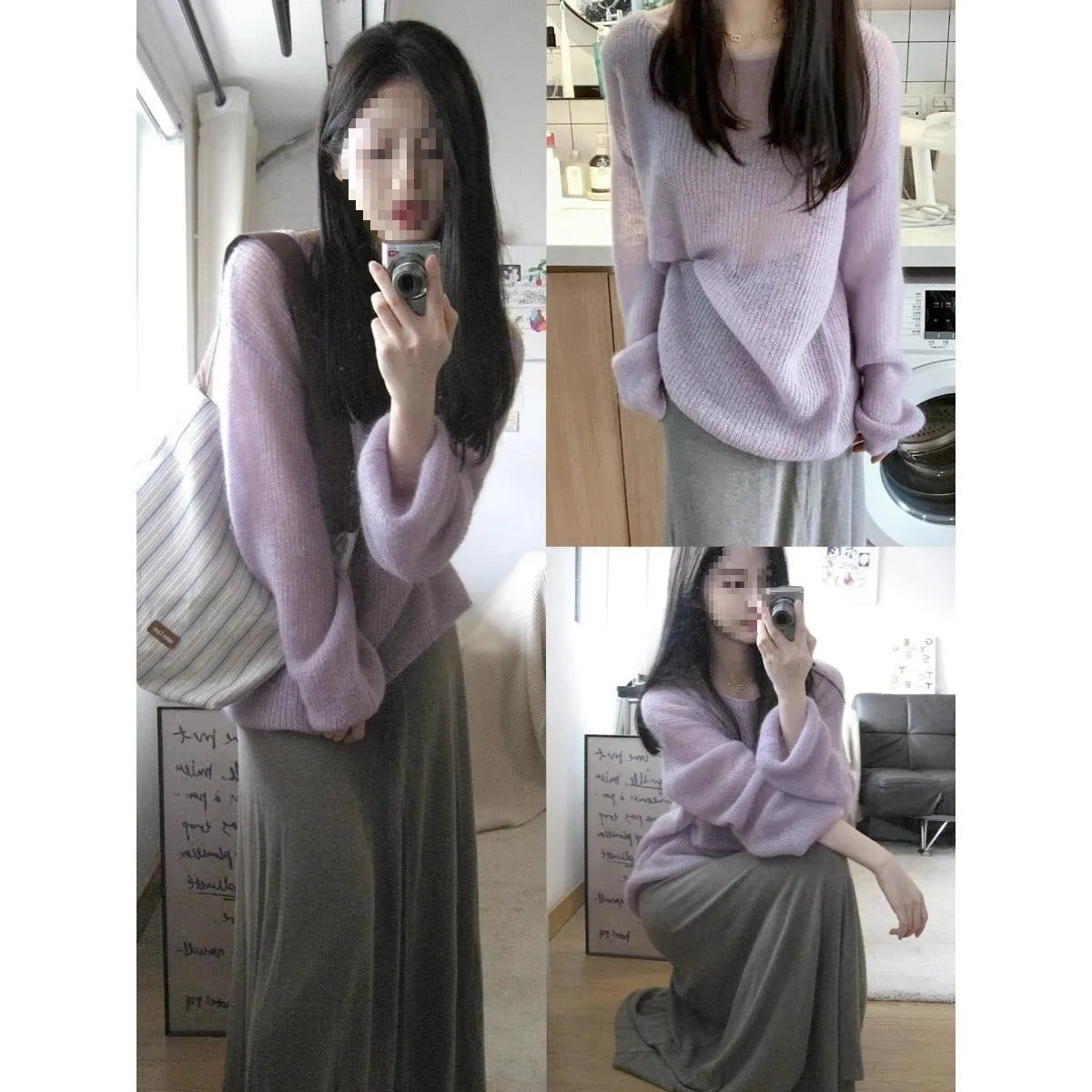 Purple women's ice silk sweater with hollow out design and princess sleeves