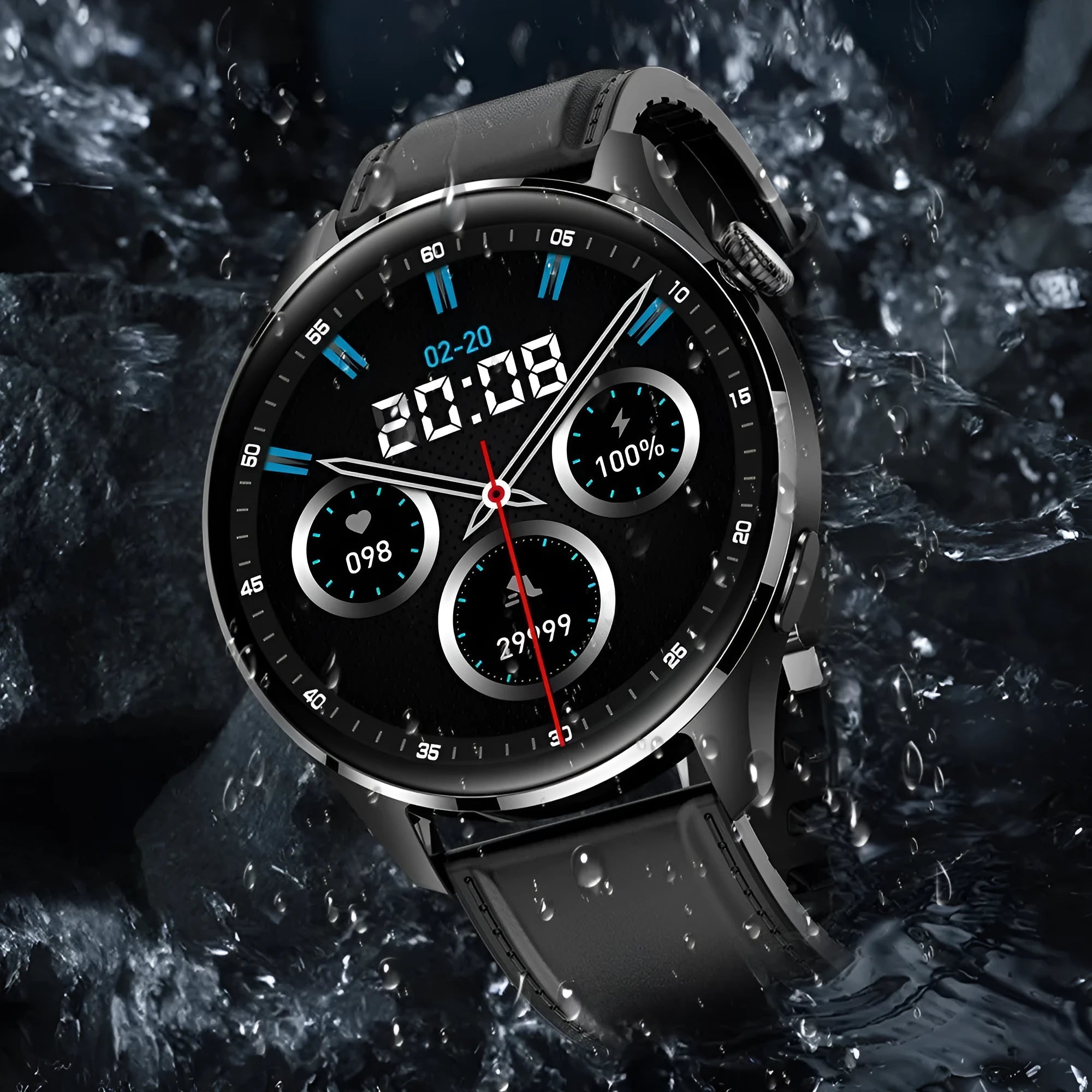 Smart watch with round colour screen and black silicone strap on a wrist