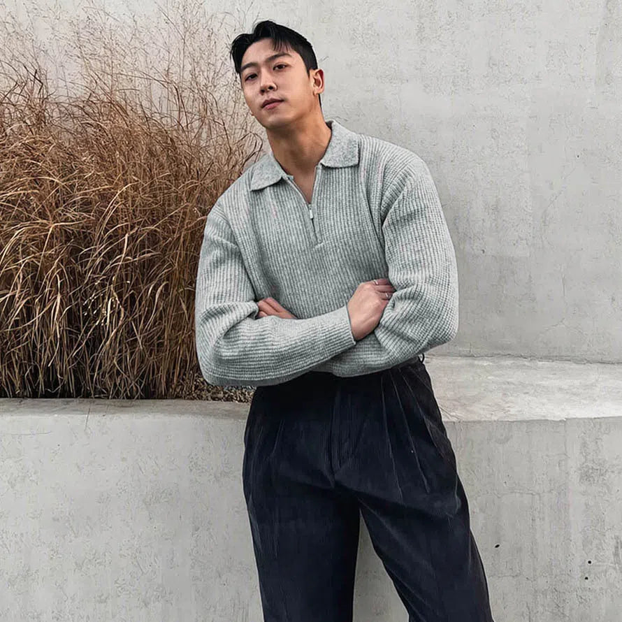 Men's half-zip knitted jacket in black or gray, ice silk polyester, slim fit, turn-down collar, sizes M to XXXL