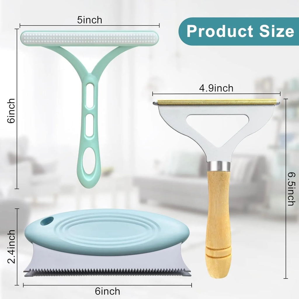 Three-piece pet hair remover set showing a metal lint tool, a silicone brush, and a round carpet scraper.