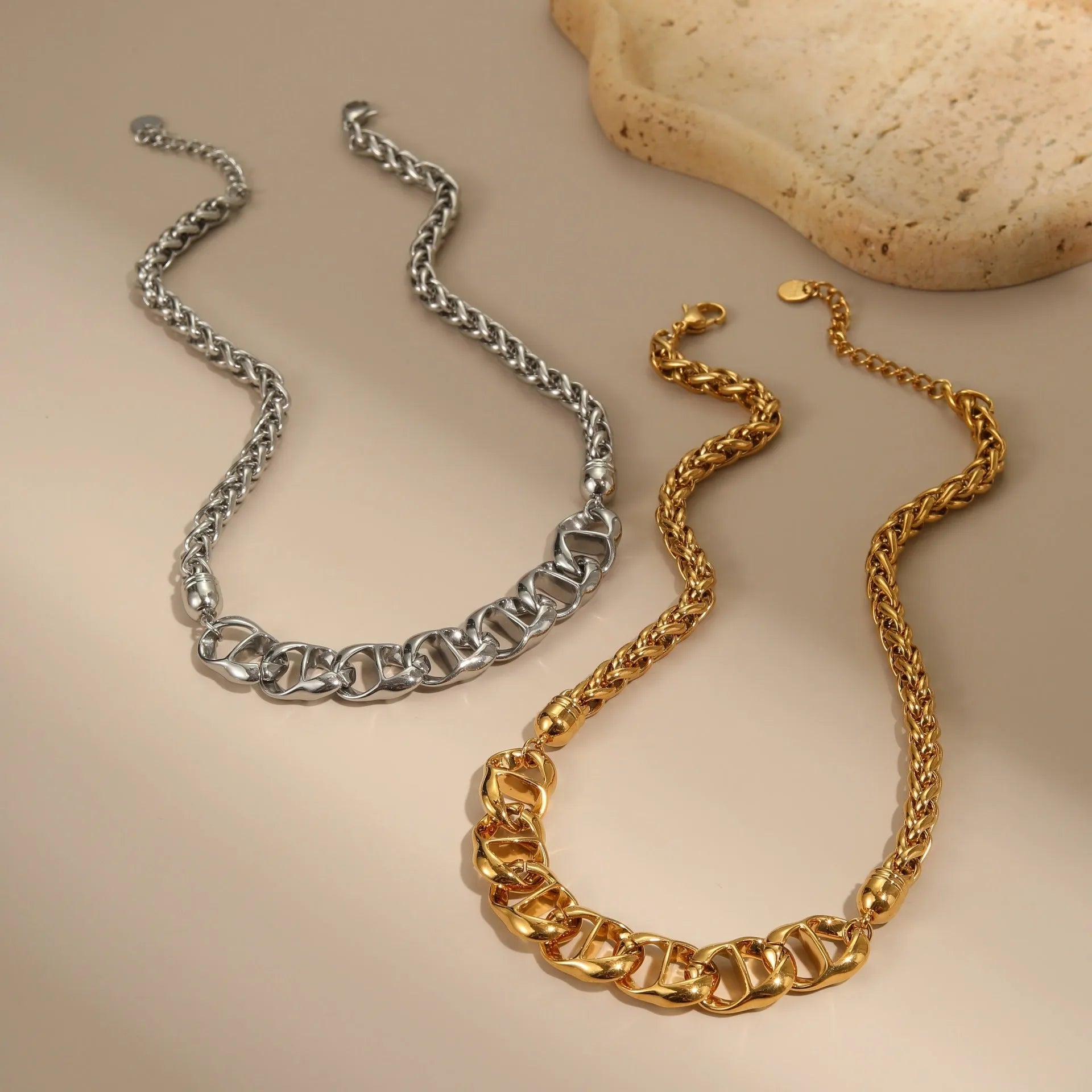 Women's stainless steel necklace with geometric pendant and gold plating on regular chain