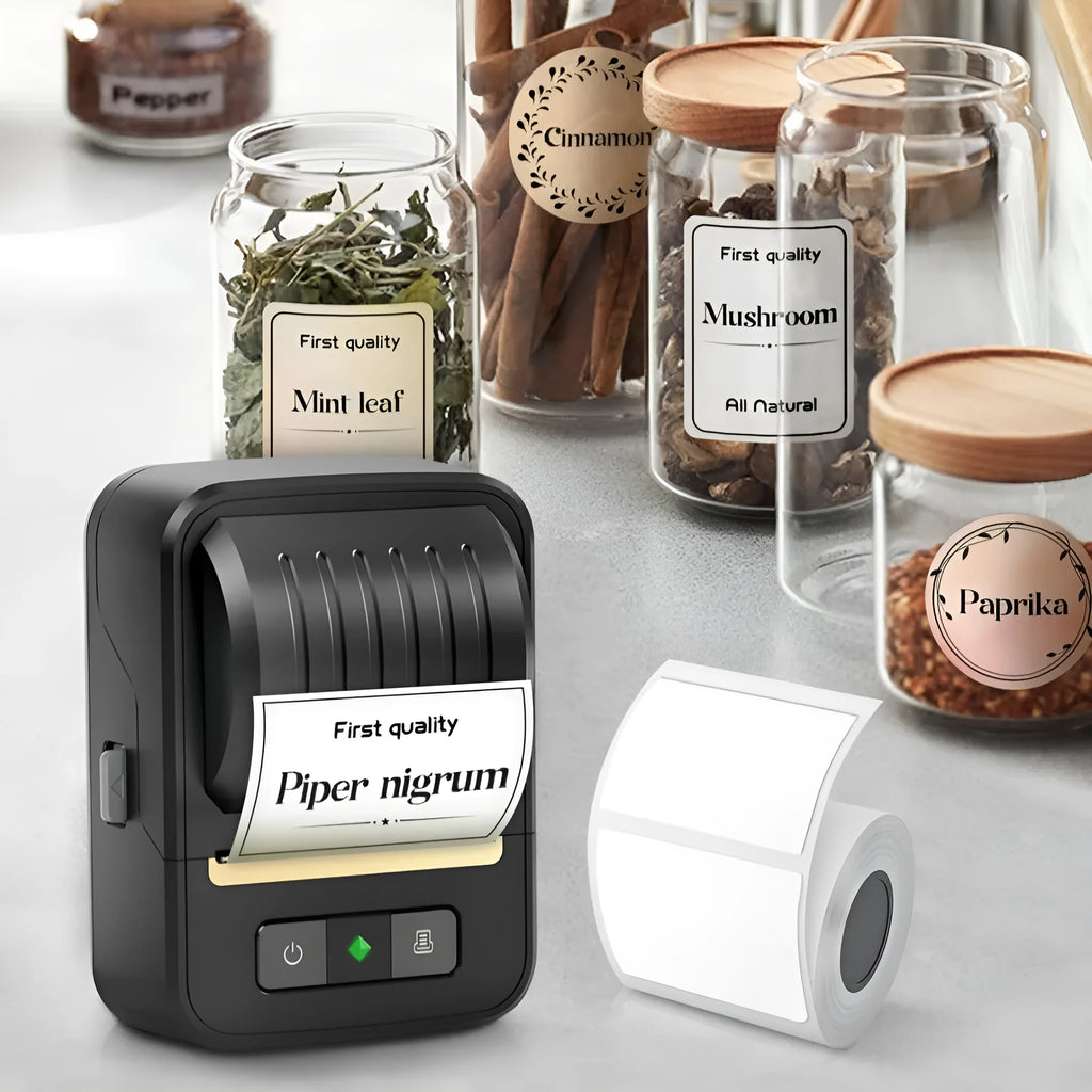Black Bluetooth portable thermal label printer with a Type-C charging port and a roll of 40x30mm labels visible