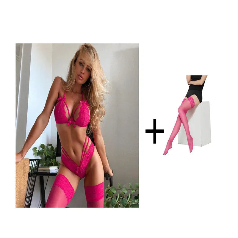 Bowknot lace nylon lingerie set in black with bra and panty