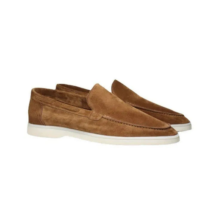Men's matte suede flat shoes in sky blue with rubber sole and round toe, shown on plain background