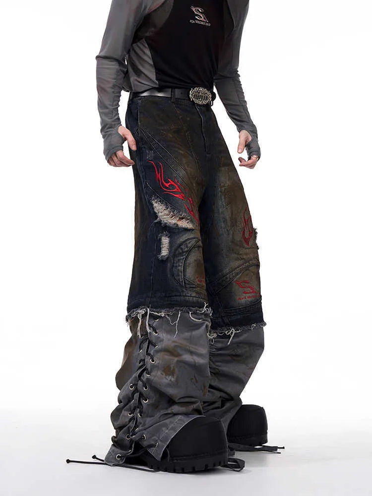 Men's wide leg retro jeans with detachable trousers legs in mid-high waist denim