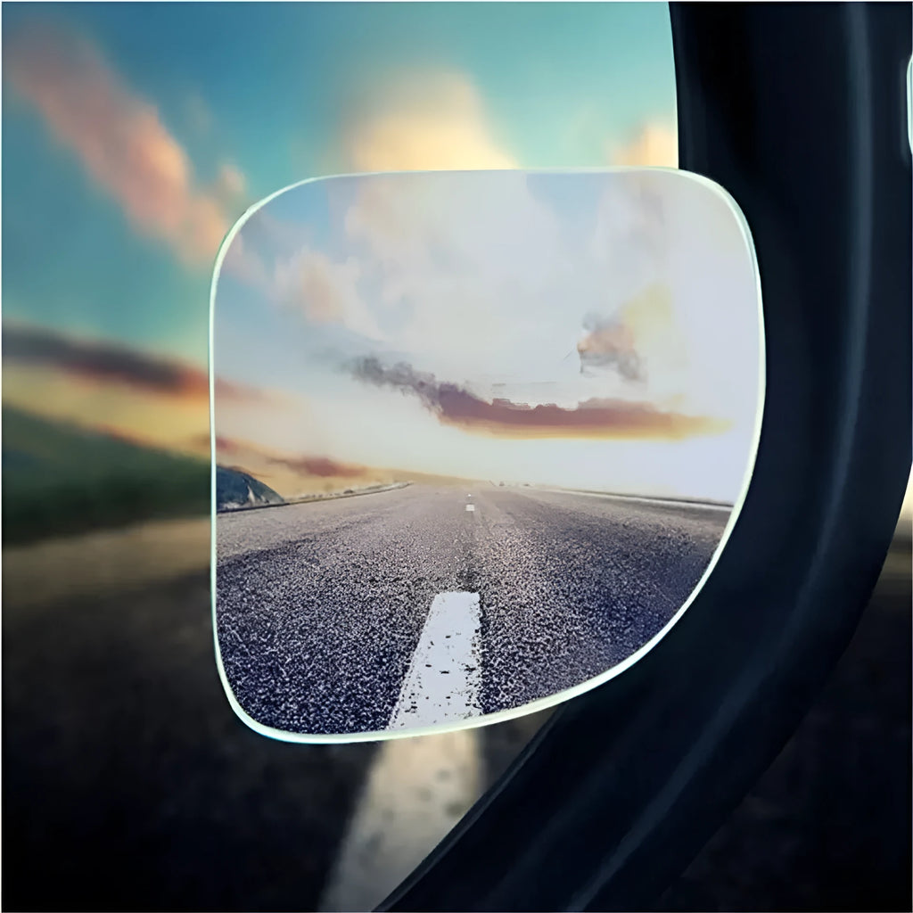Pair of white fan-shaped car blind spot mirrors with 360-degree adjustable mounting