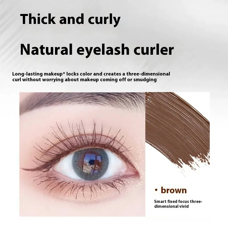 Waterproof black and brown mascara in a steel tube, shown with an optional eyelash curler.