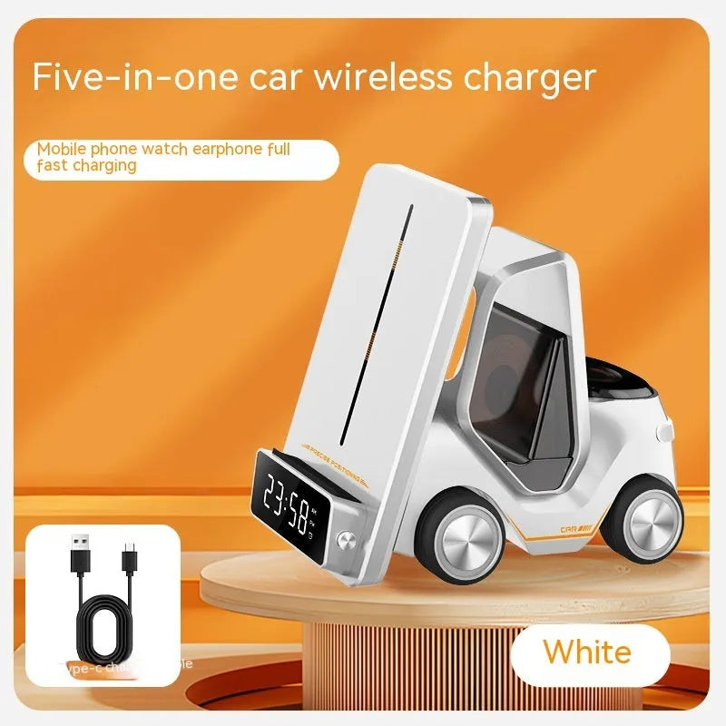 15W three-in-one wireless charging bracket in a choice of colours, charging a smartphone, earbuds, and smartwatch.