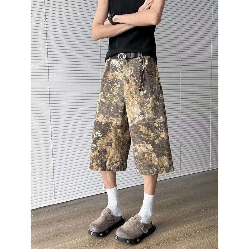 Yellow snake pattern camouflage jeans with cropped leg length on cotton denim