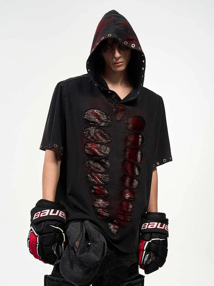 Black men's hooded t-shirt with cut sequin detailing and short sleeves in loose fit