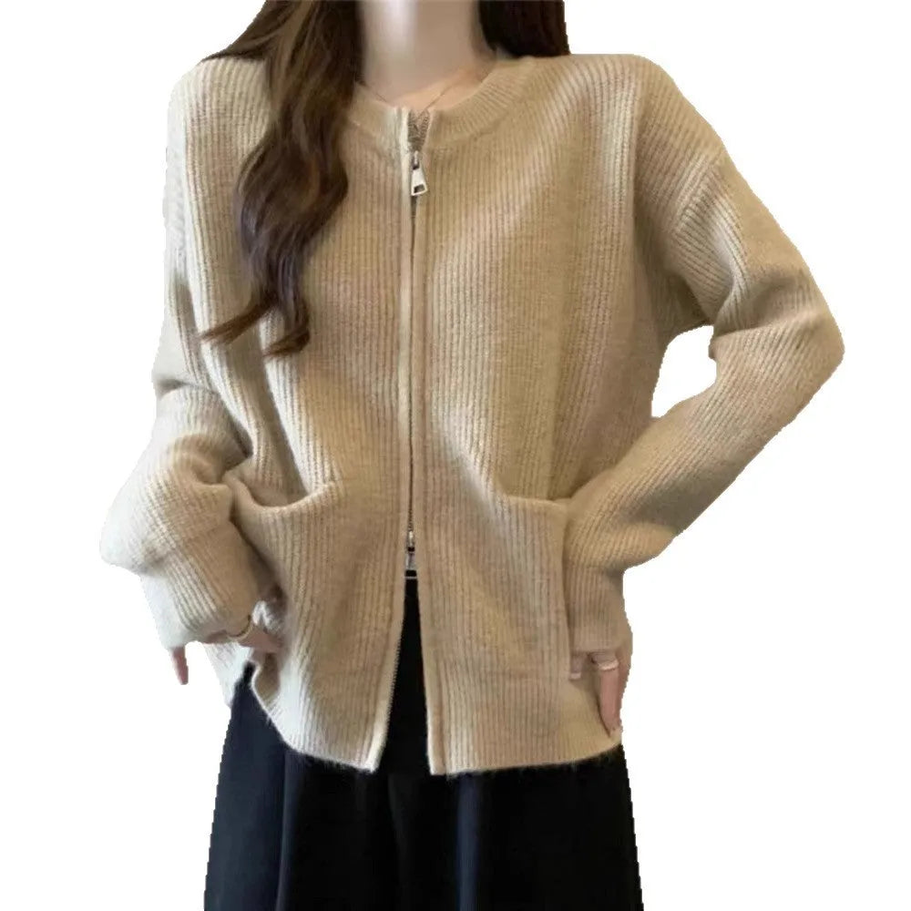 Beige viscose fibre soft wind sweater coat cardigan with long sleeves laid flat