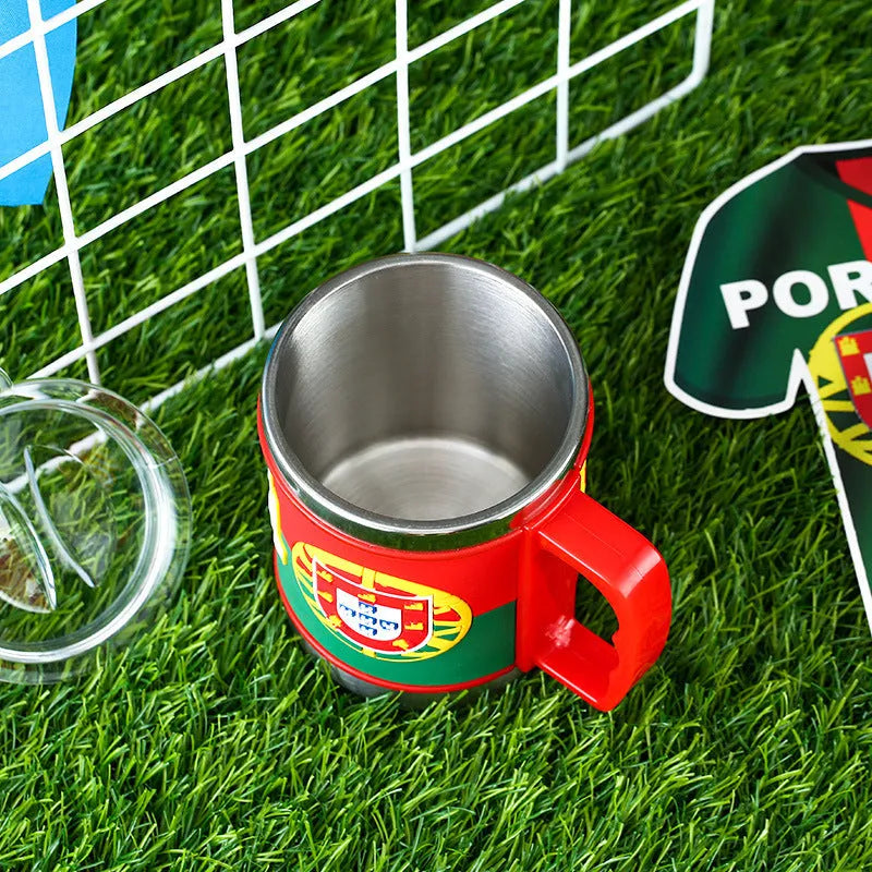 World Cup soccer mug souvenir with rubber metal construction, 7.6cm diameter, showing team colour design