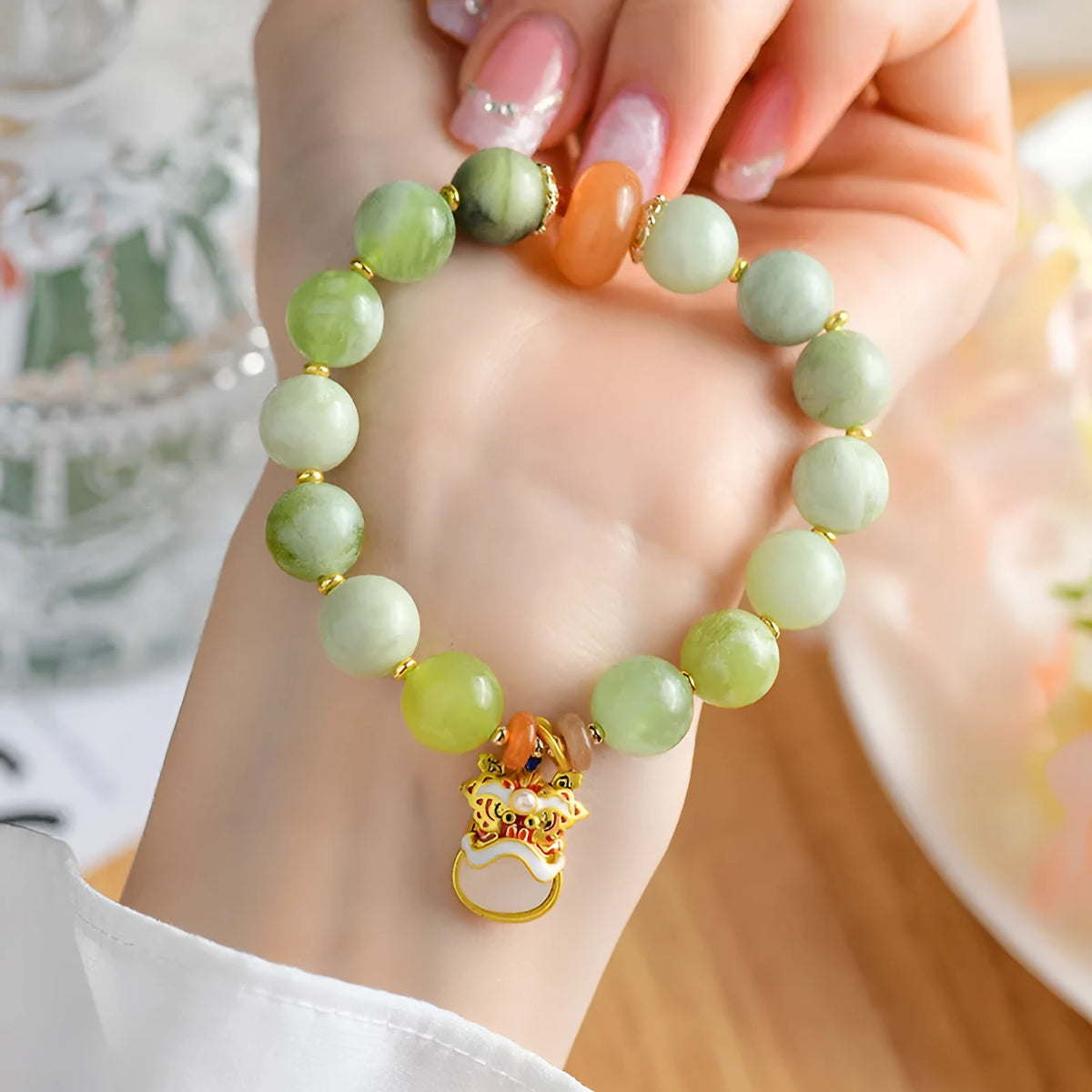 Green milk-in-water Xingshi pendant on handmade jade bracelet with 10mm geometric beads