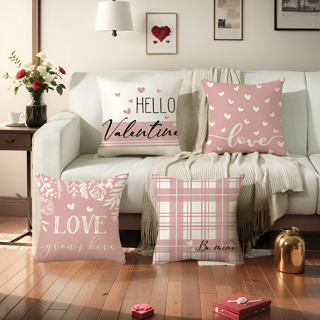 Red plaid and white heart print Valentine's Day pillow cover on a 45cm cushion.