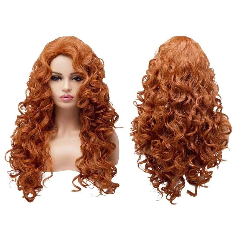 Brown long wavy curly synthetic wig for cosplay on a wig head.