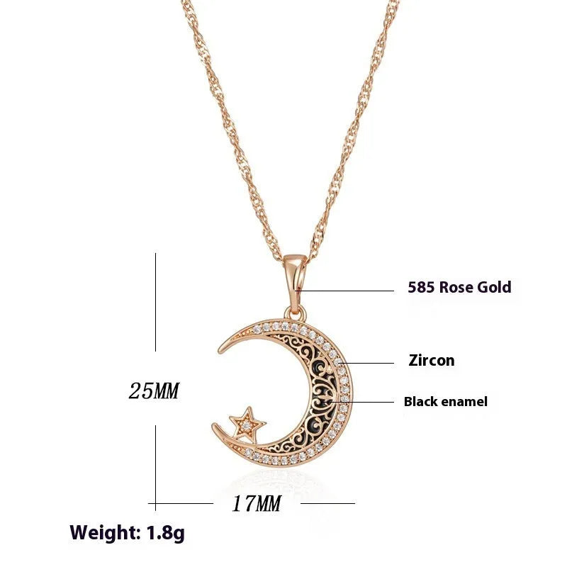 Rose gold star and moon zircon pendant necklace with enamel detail on a water wave chain.