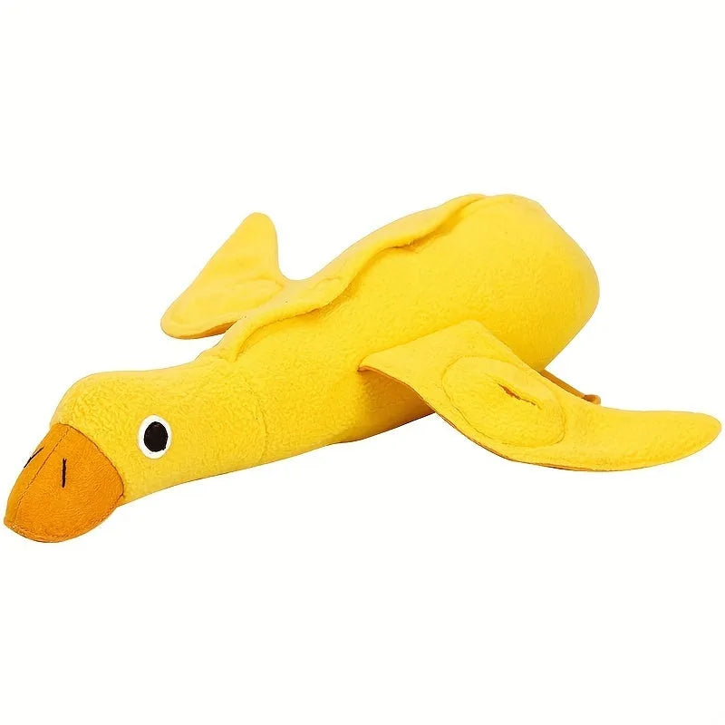 Yellow plush teddy dog toy with squeaker duck sound and treat holes