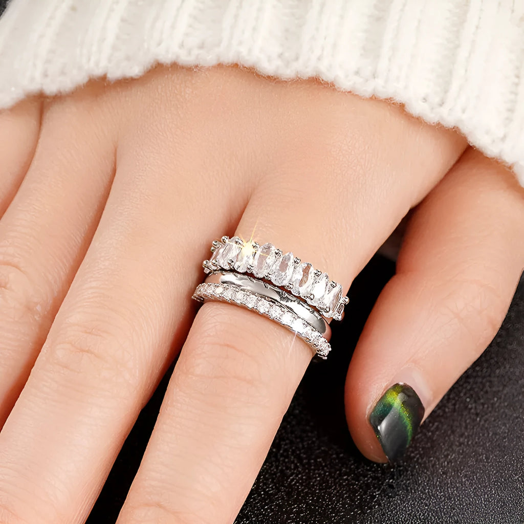 Geometric copper ring three-piece set with zircon inlay white gold colour on display