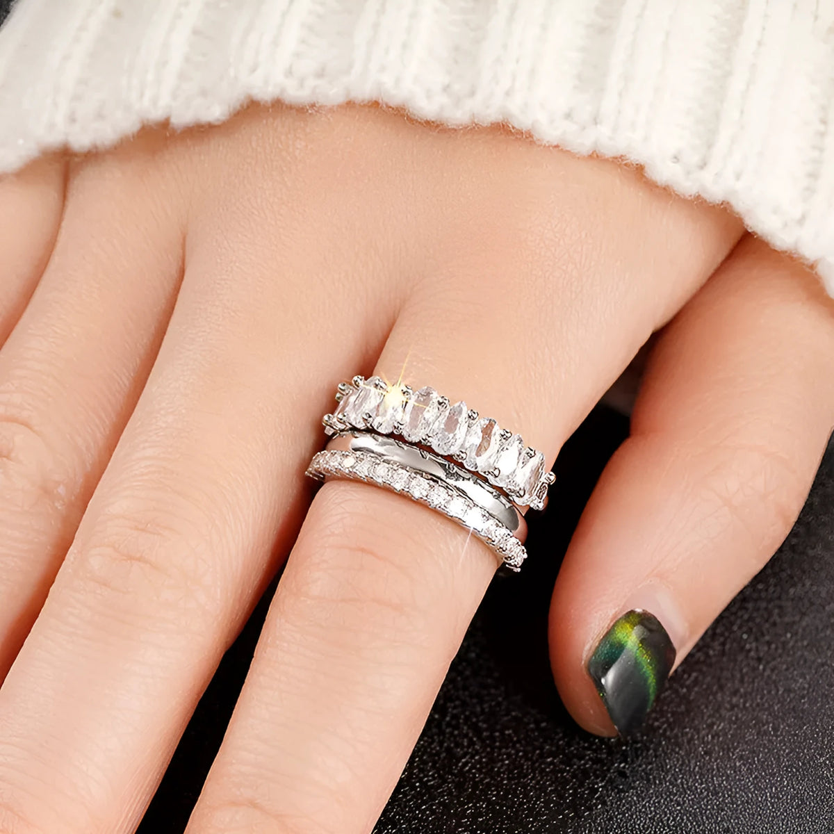 Geometric copper ring three-piece set with zircon inlay white gold colour on display