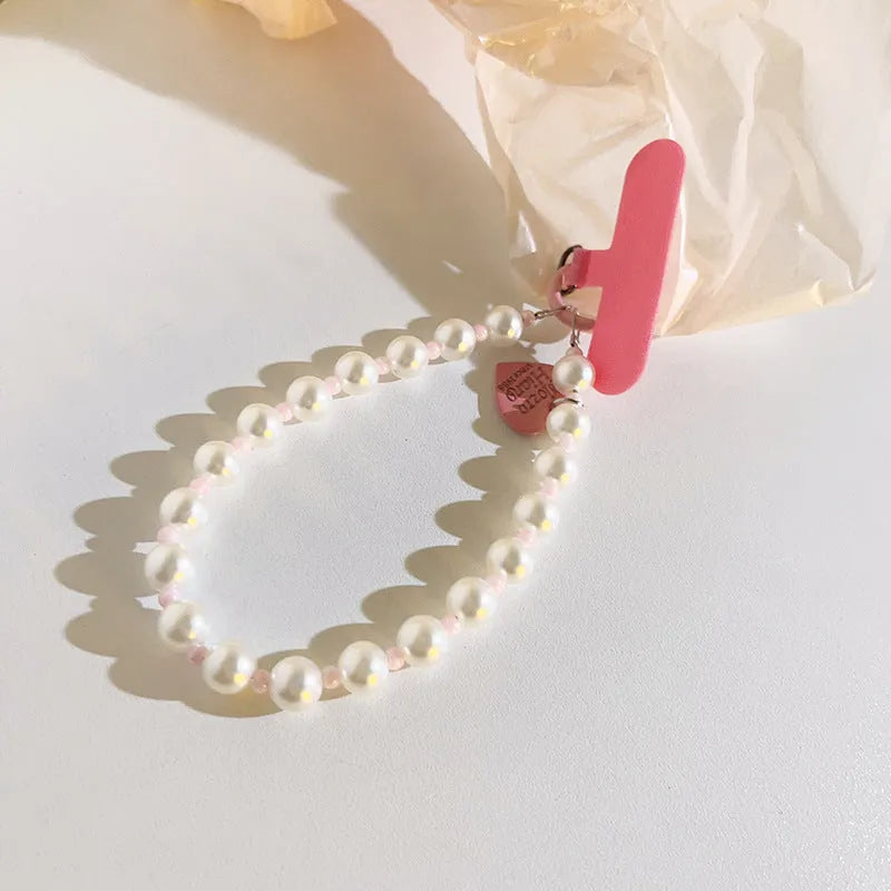 Pink beads pearl spacer love charm crossbody mobile phone lanyard with wristband and clip