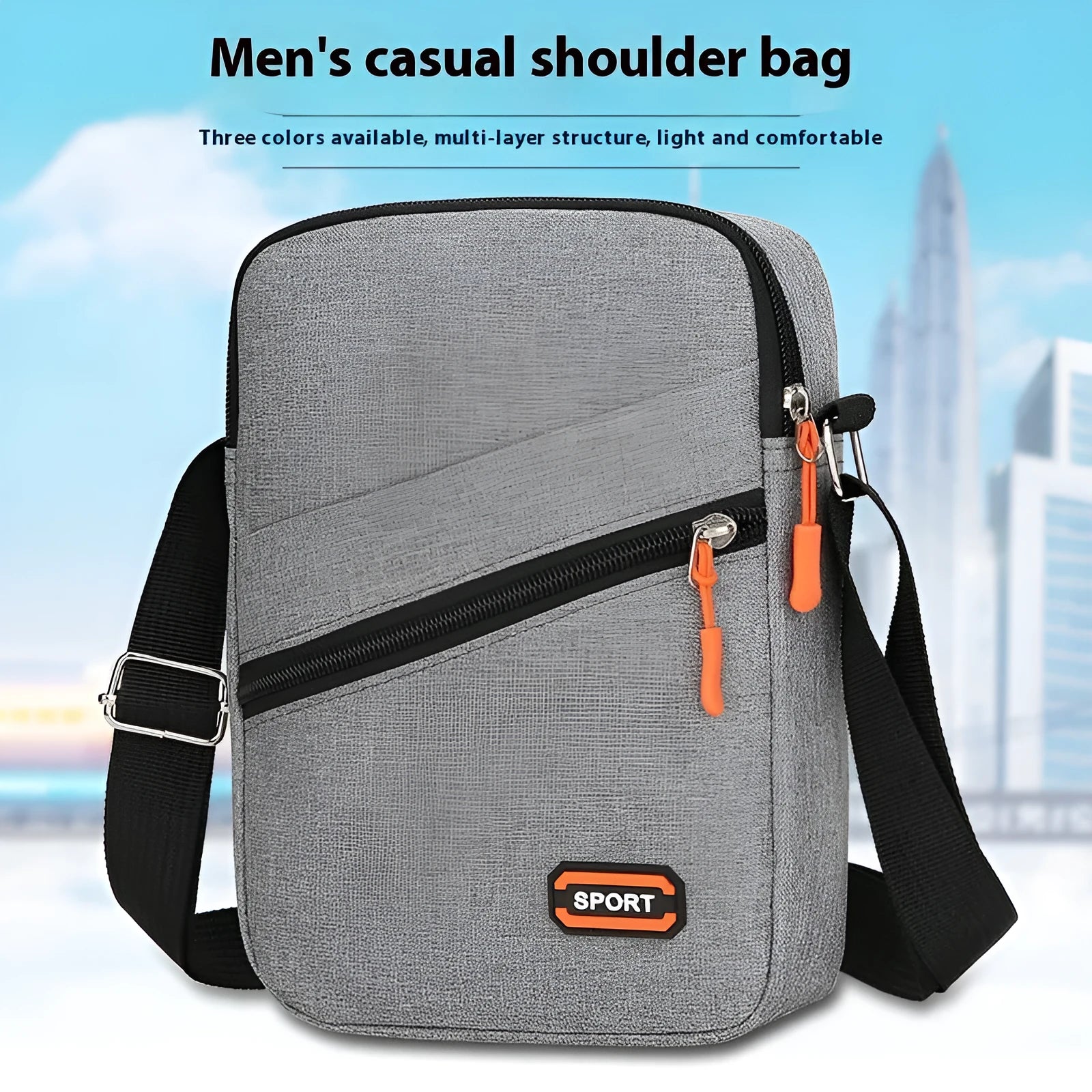 Ultra light Oxford cloth crossbody commuter bag in black, navy blue, or silver grey.