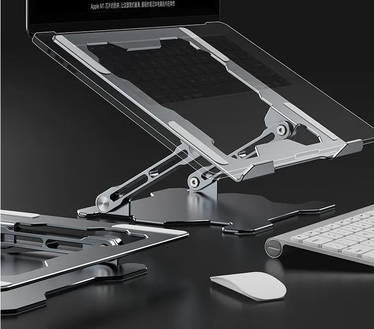 Grey adjustable aluminium laptop stand in folded and unfolded positions showing hollow design