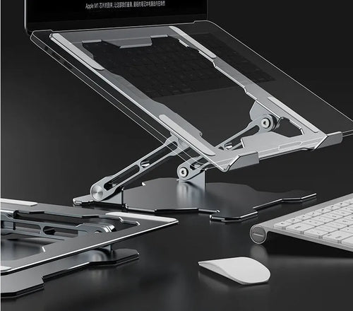 Grey adjustable aluminium laptop stand in folded and unfolded positions showing hollow design