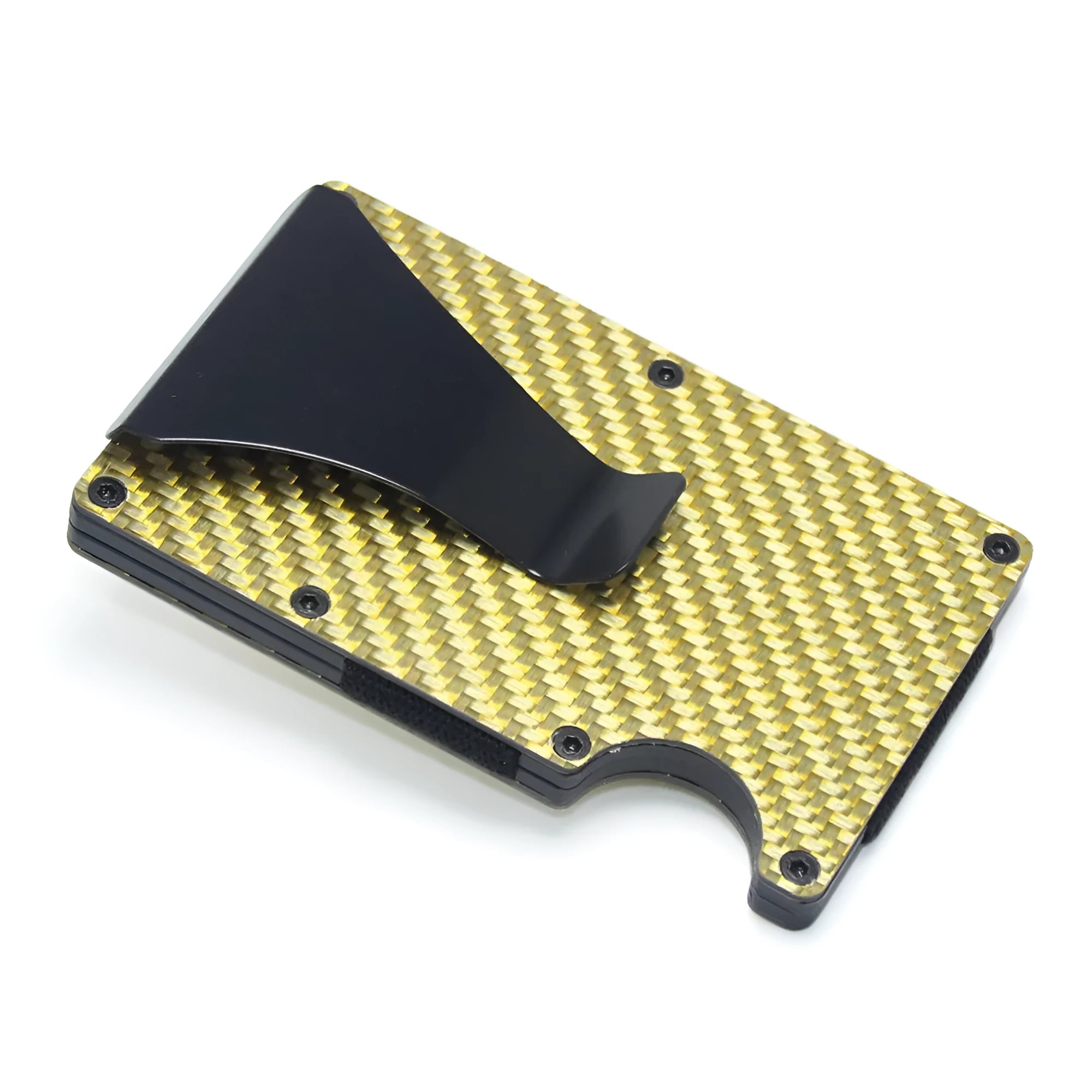 Slim geometry card holder wallet in carbon fibre or aluminium, holds six to fifteen cards, 8mm thick