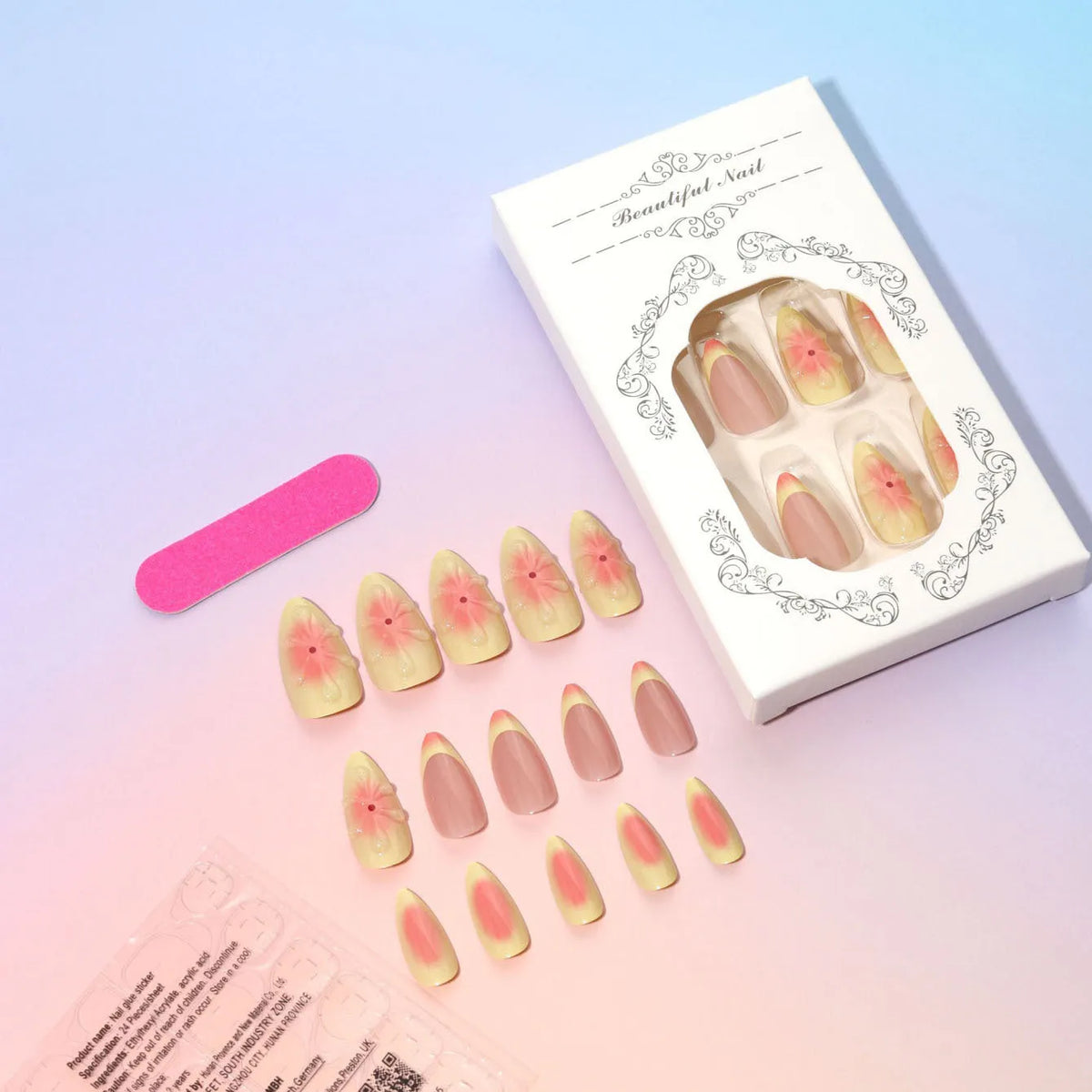 TY-318 fake nails set with 3D cartoon flower designs on plastic wearable armour pieces