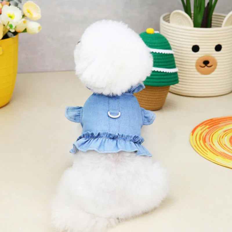 Blue denim dog dress with ruffles and back leash hook pet harness