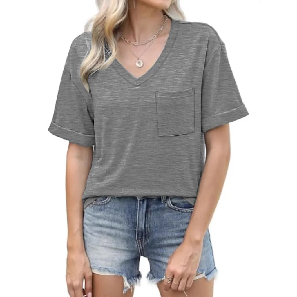 Grey loose V-neck short sleeve T-shirt with front pocket