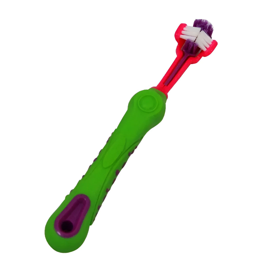 Double-headed plastic finger pet toothbrush for teeth cleaning and stain removal, shown in a choice of colours.