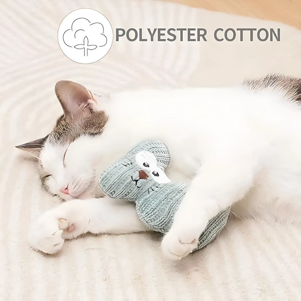 Cyan catnip plush rope toy with bell for cats on wooden floor